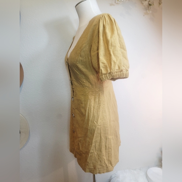 GILLIA 100% LINEN BUTTON UP ROUND NECK SHORT SLEEVES MUSTARD MINIDRESS SZ SMALL - Picture 8 of 16